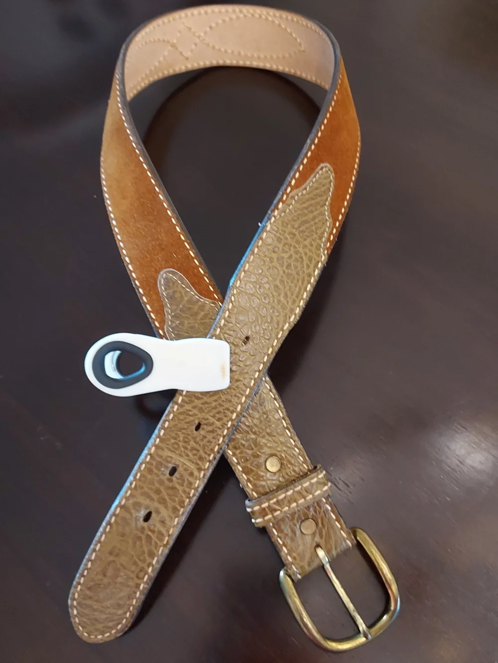 Unisex Two-Tone Brown Western Leather Belt with Textured Panels. SZ. 32